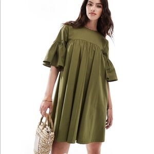 ASOS DESIGN mini smock dress with oversized sleeves in olive green